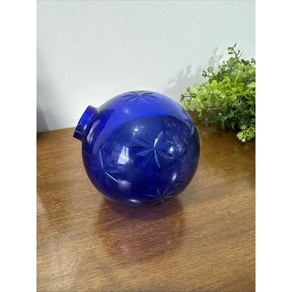 Vintage Cobalt Blue Glass Christmas Ornament Ball Etched Starburst 4.5”